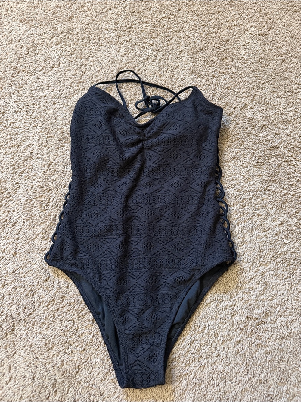 Hula honey size large black, open side, one piece swimsuit